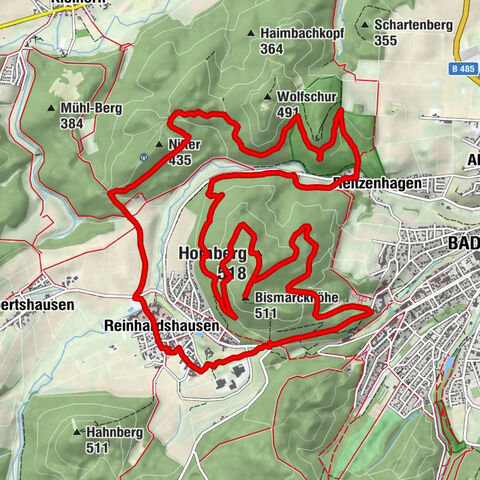 Rundweg: Reinhardshöhe - Bismarckhöhe - Hombergturm - Bilsteinklippen - Nitter - Reinhardhausen - Reinhardshöhe