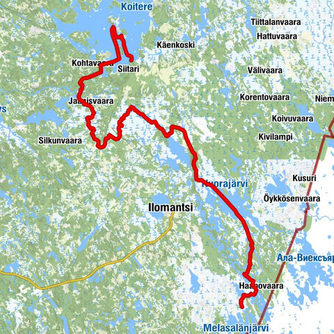 Over 100 km paddling route from Nehvonniemi through Petkeljärvi to Koitajoki and Koitere